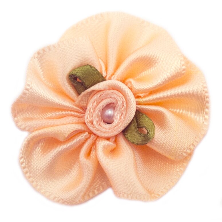 HAND Pack of 20 Peach Pretty Satin Ribbon Flower Trims with Green Ribbon Leaves and Central Pearl Bead - 30 mm